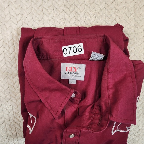 Ely Diamond Mens L Western Cowboy Rodeo Shirt Burgundy Feather Embroidery - Picture 10 of 10
